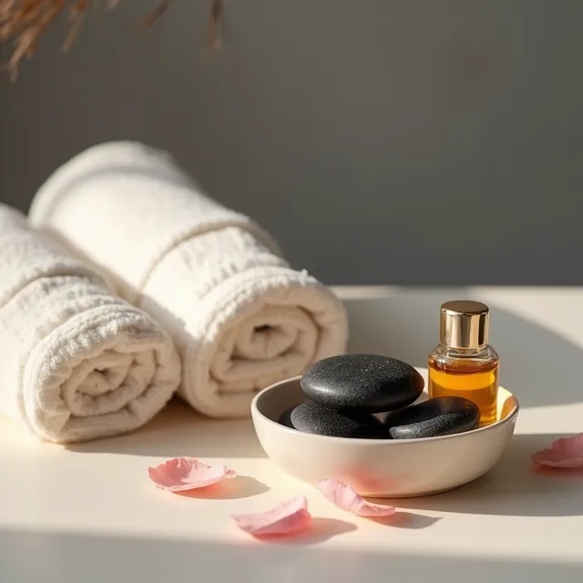 Rolled towels, hot stones and massage oil ready for a 30-minute massage