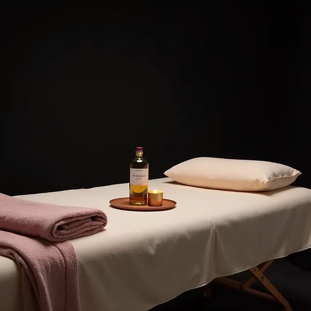 Massage table set with towels and oil for a 60-minute massage