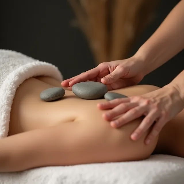 Smooth hot stones placed along a client's back