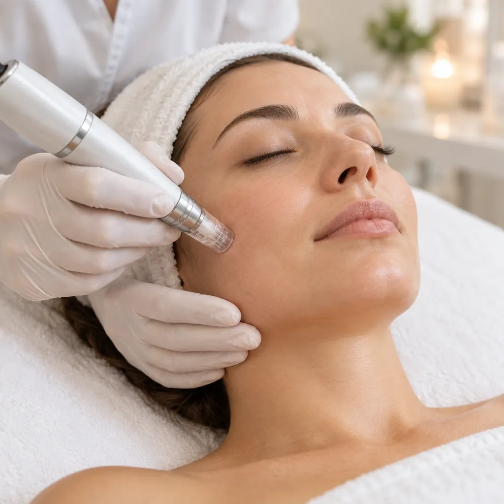 Gloved esthetician performing a micro needling treatment
