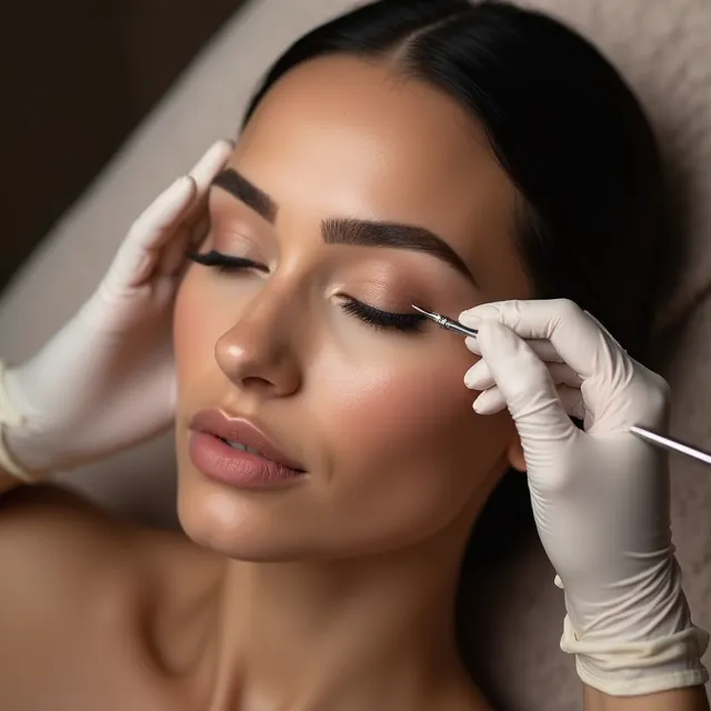 Gloved esthetician performing a micro needling treatment
