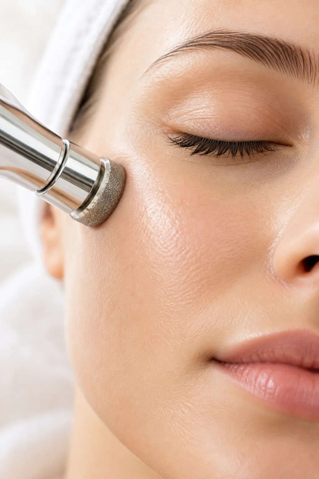 Microdermabrasion wand resurfacing the skin during an express facial
