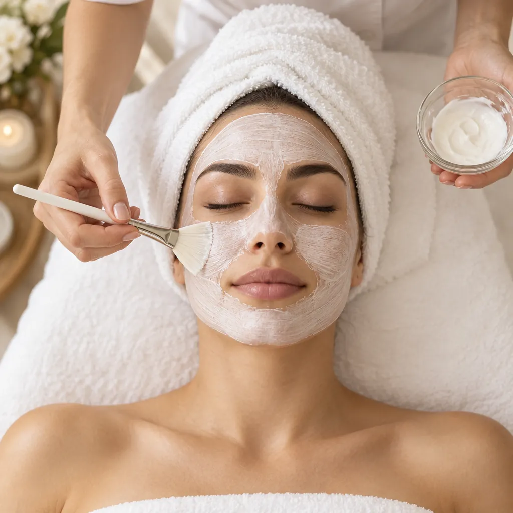 Esthetician brushing on a facial mask in the studio