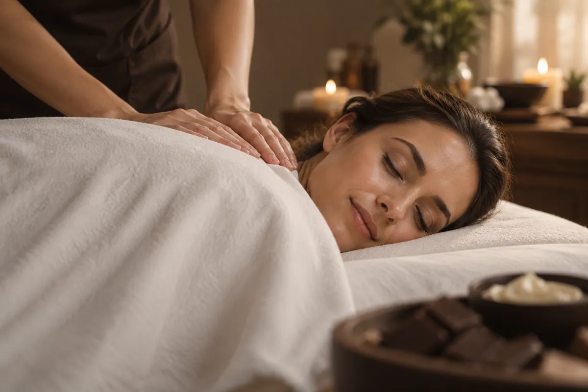 Therapist easing shoulder tension during a therapeutic massage
