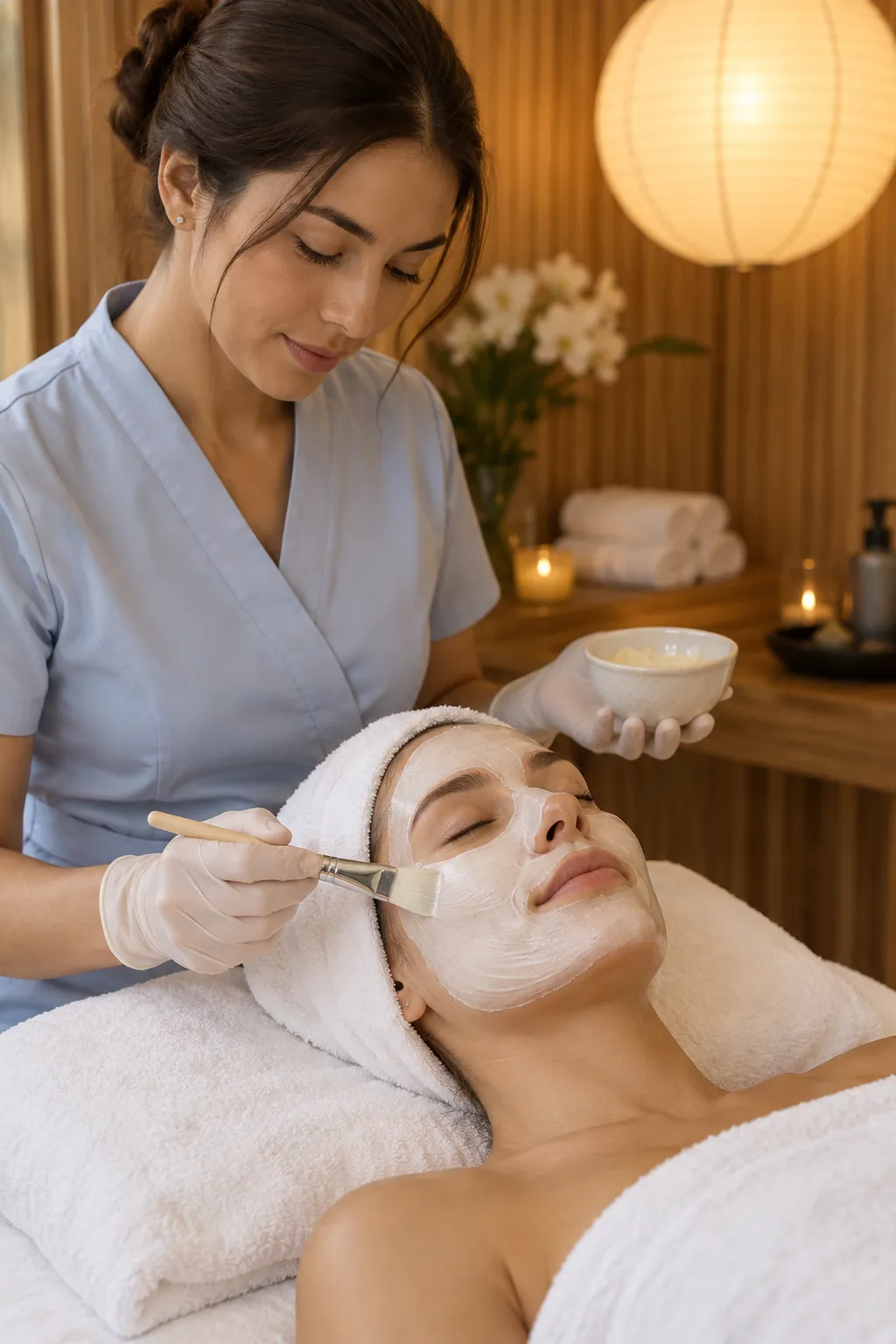 Esthetician applying an enzyme mask during a vitamin C facial