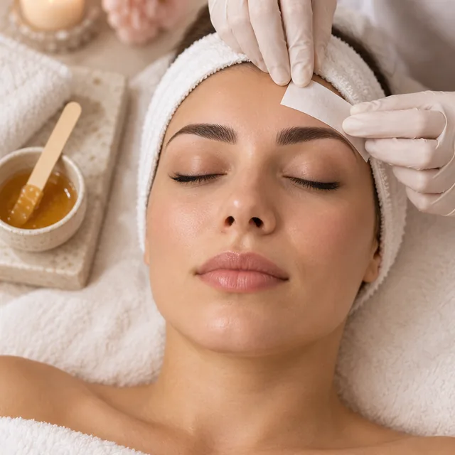 Esthetician applying a wax strip to a client's brow
